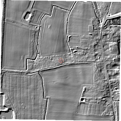 Shaded relief map of the ground around NG236JQ, computed from Environment Agency LiDAR. The ground here sits at about 9 m above sea level and falls 8 m across the surrounding 800 m. Surface water reaching this point runs off ground lying to the west-south-west, 0.8 m higher.