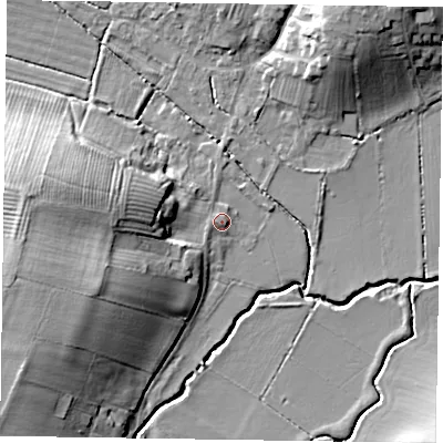 Shaded relief map of the ground around NG236JU, computed from Environment Agency LiDAR. The ground here sits at about 18 m above sea level and falls 15 m across the surrounding 800 m. Surface water reaching this point runs off ground lying to the west, 10.6 m higher.
