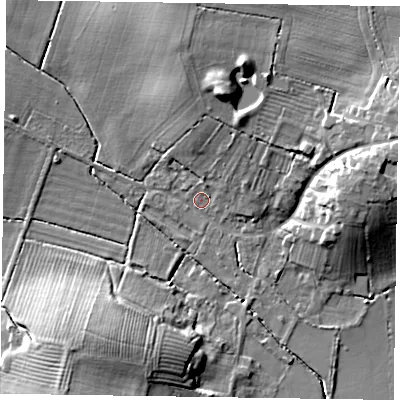 Shaded relief map of the ground around NG236JX, computed from Environment Agency LiDAR. The ground here sits at about 18 m above sea level and falls 14 m across the surrounding 800 m. Surface water reaching this point runs off ground lying to the north, 9.2 m higher.
