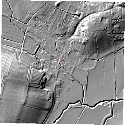 Shaded relief map of the ground around NG236LE, computed from Environment Agency LiDAR. The ground here sits at about 16 m above sea level and falls 15 m across the surrounding 800 m. Surface water reaching this point runs off ground lying to the south-west, 2.0 m higher.