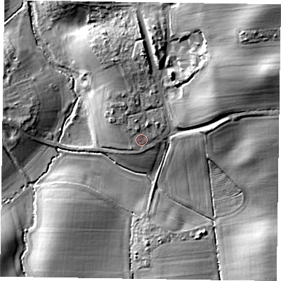 Shaded relief map of the ground around NG236LL, computed from Environment Agency LiDAR. The ground here sits at about 38 m above sea level and falls 27 m across the surrounding 800 m. Surface water reaching this point runs off ground lying to the north-north-west, 1.2 m higher.