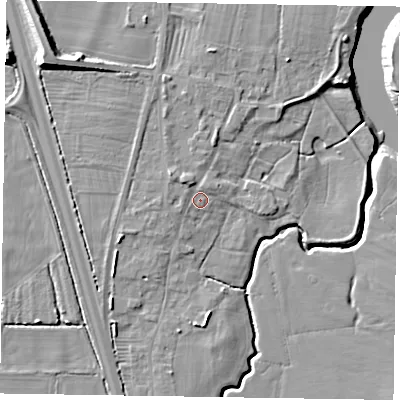Shaded relief map of the ground around NG236LP, computed from Environment Agency LiDAR. The ground here sits at about 9 m above sea level and falls 13 m across the surrounding 800 m. Surface water reaching this point runs off ground lying to the north-north-east, 1.1 m higher.