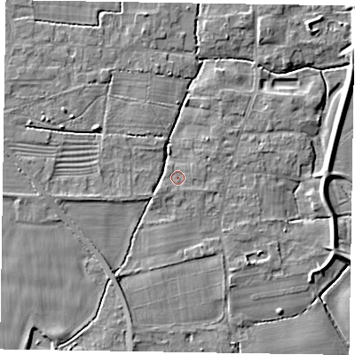 Shaded relief map of the ground around NG236LR, computed from Environment Agency LiDAR. The ground here sits at about 8 m above sea level and falls 6 m across the surrounding 800 m. Surface water reaching this point runs off ground lying to the south-west, 1.0 m higher.