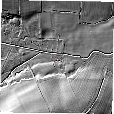 Shaded relief map of the ground around NG236LT, computed from Environment Agency LiDAR. The ground here sits at about 24 m above sea level and falls 21 m across the surrounding 800 m. Surface water reaching this point runs off ground lying to the south-south-west, 18.3 m higher.