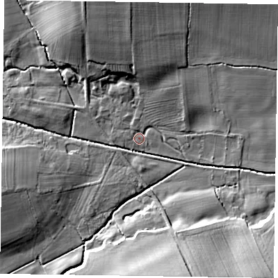 Shaded relief map of the ground around NG236LU, computed from Environment Agency LiDAR. The ground here sits at about 24 m above sea level and falls 16 m across the surrounding 800 m. Surface water reaching this point runs off ground lying to the north-north-west, 10.8 m higher.