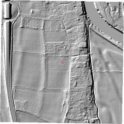 Shaded relief map of the ground around NG236NE, computed from Environment Agency LiDAR. The ground here sits at about 10 m above sea level and falls 12 m across the surrounding 800 m. Surface water reaching this point runs off ground lying to the north-west, 7.6 m higher.