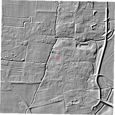 Shaded relief map of the ground around NG236NH, computed from Environment Agency LiDAR. The ground here sits at about 8 m above sea level and falls 6 m across the surrounding 800 m. Surface water reaching this point runs off ground lying to the south-south-east, 1.5 m higher.