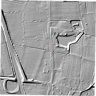Shaded relief map of the ground around NG236NL, computed from Environment Agency LiDAR. The ground here sits at about 9 m above sea level and falls 10 m across the surrounding 800 m. Surface water reaching this point runs off ground lying to the south-west, 7.0 m higher.