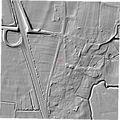 Shaded relief map of the ground around NG236NN, computed from Environment Agency LiDAR. The ground here sits at about 9 m above sea level and falls 12 m across the surrounding 800 m. Surface water reaching this point runs off ground lying to the south-east, 1.5 m higher.