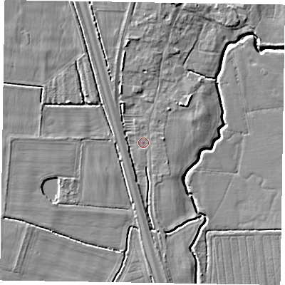 Shaded relief map of the ground around NG236NP, computed from Environment Agency LiDAR. The ground here sits at about 8 m above sea level and falls 7 m across the surrounding 800 m. Surface water reaching this point runs off ground lying to the north-north-west, 2.9 m higher.