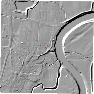 Shaded relief map of the ground around NG236NR, computed from Environment Agency LiDAR. The ground here sits at about 8 m above sea level and falls 9 m across the surrounding 800 m. Surface water reaching this point runs off ground lying to the north-west, 1.4 m higher.