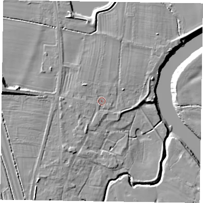 Shaded relief map of the ground around NG236NS, computed from Environment Agency LiDAR. The ground here sits at about 8 m above sea level and falls 13 m across the surrounding 800 m. Surface water reaching this point runs off ground lying to the north-west, 2.2 m higher.