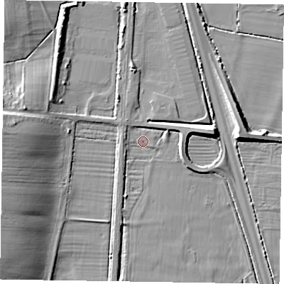 Shaded relief map of the ground around NG236NU, computed from Environment Agency LiDAR. The ground here sits at about 10 m above sea level and falls 12 m across the surrounding 800 m. Surface water reaching this point runs off ground lying to the south-south-west, 2.0 m higher.