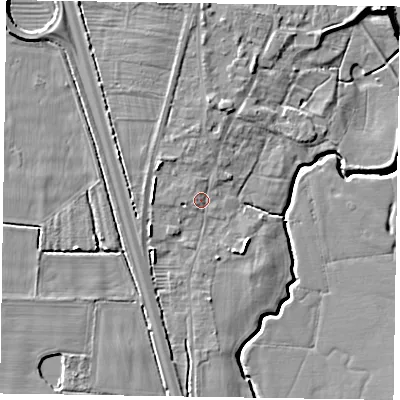 Shaded relief map of the ground around NG236NW, computed from Environment Agency LiDAR. The ground here sits at about 9 m above sea level and falls 10 m across the surrounding 800 m. Surface water reaching this point runs off ground lying to the north, 1.2 m higher.