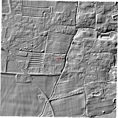 Shaded relief map of the ground around NG236PA, computed from Environment Agency LiDAR. The ground here sits at about 8 m above sea level and falls 6 m across the surrounding 800 m. Surface water reaching this point runs off ground lying to the north-west, 0.9 m higher.