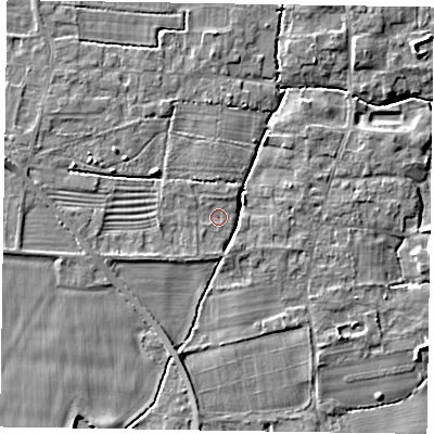 Shaded relief map of the ground around NG236PB, computed from Environment Agency LiDAR. The ground here sits at about 8 m above sea level and falls 6 m across the surrounding 800 m. Surface water reaching this point runs off ground lying to the north-west, 0.9 m higher.