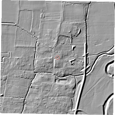 Shaded relief map of the ground around NG236PD, computed from Environment Agency LiDAR. The ground here sits at about 9 m above sea level and falls 6 m across the surrounding 800 m. Surface water reaching this point runs off ground lying to the south-south-west, 1.1 m higher.