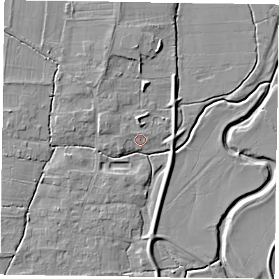 Shaded relief map of the ground around NG236PE, computed from Environment Agency LiDAR. The ground here sits at about 7 m above sea level and falls 6 m across the surrounding 800 m. Surface water reaching this point runs off ground lying to the north-west, 1.0 m higher.