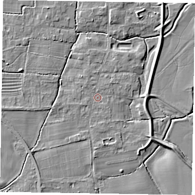 Shaded relief map of the ground around NG236PF, computed from Environment Agency LiDAR. The ground here sits at about 8 m above sea level and falls 6 m across the surrounding 800 m. Surface water reaching this point runs off ground lying to the west, 2.3 m higher.