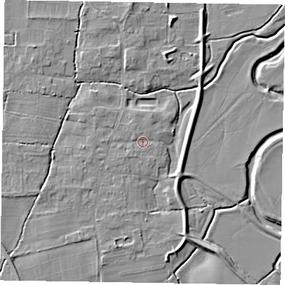 Shaded relief map of the ground around NG236PG, computed from Environment Agency LiDAR. The ground here sits at about 7 m above sea level and falls 6 m across the surrounding 800 m. Surface water reaching this point runs off ground lying to the west, 1.3 m higher.