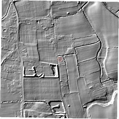 Shaded relief map of the ground around NG236PH, computed from Environment Agency LiDAR. The ground here sits at about 8 m above sea level and falls 7 m across the surrounding 800 m. Surface water reaching this point runs off ground lying to the south-south-west, 2.9 m higher.