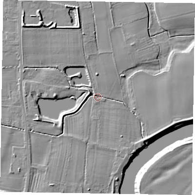 Shaded relief map of the ground around NG236PJ, computed from Environment Agency LiDAR. The ground here sits at about 7 m above sea level and falls 10 m across the surrounding 800 m. Surface water reaching this point runs off ground lying to the north-north-west, 5.3 m higher.