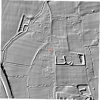 Shaded relief map of the ground around NG236PL, computed from Environment Agency LiDAR. The ground here sits at about 9 m above sea level and falls 10 m across the surrounding 800 m. Surface water reaching this point runs off ground lying to the south-south-east, 3.3 m higher.