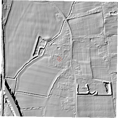 Shaded relief map of the ground around NG236PN, computed from Environment Agency LiDAR. The ground here sits at about 9 m above sea level and falls 11 m across the surrounding 800 m. Surface water reaching this point runs off ground lying to the north-west, 0.9 m higher.