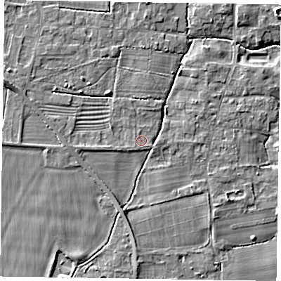 Shaded relief map of the ground around NG236PP, computed from Environment Agency LiDAR. The ground here sits at about 9 m above sea level and falls 6 m across the surrounding 800 m. Surface water reaching this point runs off ground lying to the south-east, 0.8 m higher.