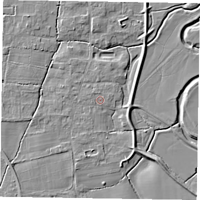 Shaded relief map of the ground around NG236PQ, computed from Environment Agency LiDAR. The ground here sits at about 8 m above sea level and falls 6 m across the surrounding 800 m. Surface water reaching this point runs off ground lying to the north-west, 0.9 m higher.