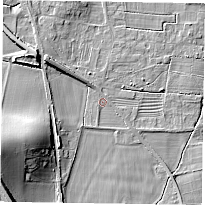 Shaded relief map of the ground around NG236PT, computed from Environment Agency LiDAR. The ground here sits at about 9 m above sea level and falls 19 m across the surrounding 800 m. Surface water reaching this point runs off ground lying to the west-south-west, 16.9 m higher.