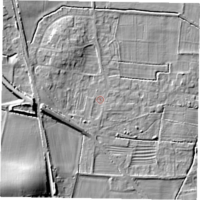 Shaded relief map of the ground around NG236PU, computed from Environment Agency LiDAR. The ground here sits at about 9 m above sea level and falls 18 m across the surrounding 800 m. Surface water reaching this point runs off ground lying to the south-east, 0.6 m higher.