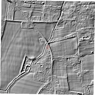 Shaded relief map of the ground around NG236PW, computed from Environment Agency LiDAR. The ground here sits at about 8 m above sea level and falls 5 m across the surrounding 800 m. Surface water reaching this point runs off ground lying to the west-north-west, 2.8 m higher.