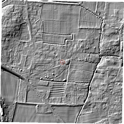 Shaded relief map of the ground around NG236PY, computed from Environment Agency LiDAR. The ground here sits at about 9 m above sea level and falls 9 m across the surrounding 800 m. Surface water reaching this point runs off ground lying to the west, 1.4 m higher.