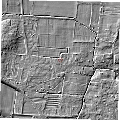 Shaded relief map of the ground around NG236PZ, computed from Environment Agency LiDAR. The ground here sits at about 9 m above sea level and falls 9 m across the surrounding 800 m. Surface water reaching this point runs off ground lying to the west-south-west, 7.0 m higher.