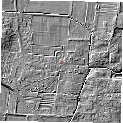 Shaded relief map of the ground around NG236QA, computed from Environment Agency LiDAR. The ground here sits at about 8 m above sea level and falls 8 m across the surrounding 800 m. Surface water reaching this point runs off ground lying to the west, 1.0 m higher.