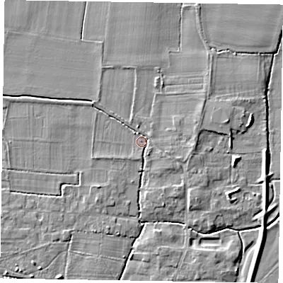 Shaded relief map of the ground around NG236QB, computed from Environment Agency LiDAR. The ground here sits at about 8 m above sea level and falls 6 m across the surrounding 800 m. Surface water reaching this point runs off ground lying to the west-south-west, 2.5 m higher.