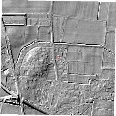 Shaded relief map of the ground around NG236QD, computed from Environment Agency LiDAR. The ground here sits at about 9 m above sea level and falls 10 m across the surrounding 800 m. Surface water reaching this point runs off ground lying to the north-west, 5.2 m higher.