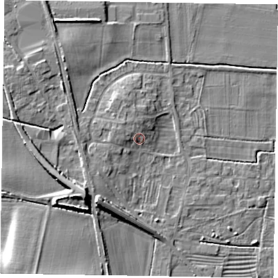 Shaded relief map of the ground around NG236QF, computed from Environment Agency LiDAR. The ground here sits at about 11 m above sea level and falls 14 m across the surrounding 800 m. Surface water reaching this point runs off ground lying to the north-west, 1.8 m higher.