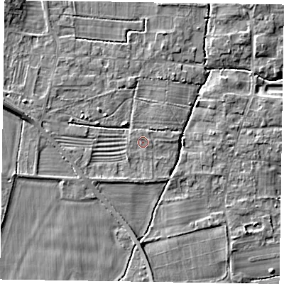 Shaded relief map of the ground around NG236QT, computed from Environment Agency LiDAR. The ground here sits at about 9 m above sea level and falls 8 m across the surrounding 800 m. Surface water reaching this point runs off ground lying to the south-west, 1.3 m higher.