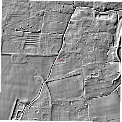 Shaded relief map of the ground around NG236QU, computed from Environment Agency LiDAR. The ground here sits at about 8 m above sea level and falls 5 m across the surrounding 800 m. Surface water reaching this point runs off ground lying to the west, 2.3 m higher.