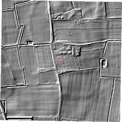 Shaded relief map of the ground around NG236QX, computed from Environment Agency LiDAR. The ground here sits at about 10 m above sea level and falls 6 m across the surrounding 800 m. Surface water reaching this point runs off ground lying to the south-south-east, 0.7 m higher.