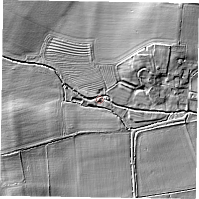 Shaded relief map of the ground around NG236QY, computed from Environment Agency LiDAR. The ground here sits at about 10 m above sea level and falls 7 m across the surrounding 800 m. Surface water reaching this point runs off ground lying to the west-north-west, 3.1 m higher.