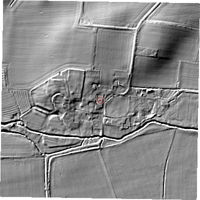 Shaded relief map of the ground around NG236QZ, computed from Environment Agency LiDAR. The ground here sits at about 10 m above sea level and falls 7 m across the surrounding 800 m. Surface water reaching this point runs off ground lying to the north-north-west, 3.2 m higher.