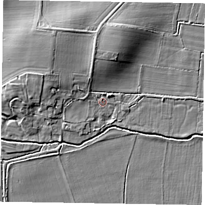 Shaded relief map of the ground around NG236RA, computed from Environment Agency LiDAR. The ground here sits at about 8 m above sea level and falls 7 m across the surrounding 800 m. Surface water reaching this point runs off ground lying to the north-west, 5.2 m higher.