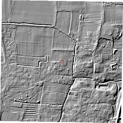 Shaded relief map of the ground around NG236RF, computed from Environment Agency LiDAR. The ground here sits at about 8 m above sea level and falls 5 m across the surrounding 800 m. Surface water reaching this point runs off ground lying to the west-south-west, 1.0 m higher.