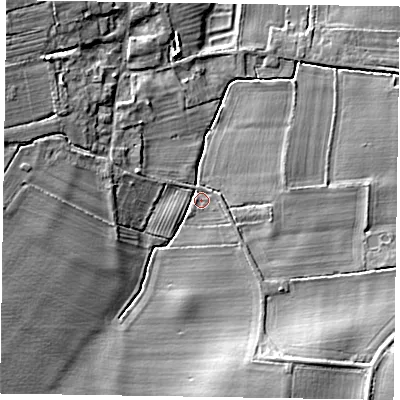 Shaded relief map of the ground around NG236RG, computed from Environment Agency LiDAR. The ground here sits at about 8 m above sea level and falls 8 m across the surrounding 800 m. Surface water reaching this point runs off ground lying to the west, 6.5 m higher.