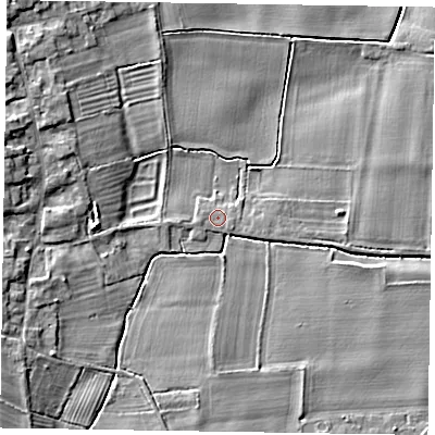 Shaded relief map of the ground around NG236RL, computed from Environment Agency LiDAR. The ground here sits at about 8 m above sea level and falls 8 m across the surrounding 800 m. Surface water reaching this point runs off ground lying to the west-south-west, 0.7 m higher.