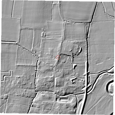 Shaded relief map of the ground around NG236RT, computed from Environment Agency LiDAR. The ground here sits at about 9 m above sea level and falls 6 m across the surrounding 800 m. Surface water reaching this point runs off ground lying to the south, 1.1 m higher.