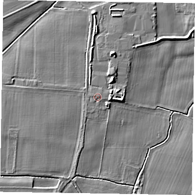 Shaded relief map of the ground around NG236RX, computed from Environment Agency LiDAR. The ground here sits at about 8 m above sea level and falls 9 m across the surrounding 800 m. Surface water reaching this point runs off ground lying to the north-east, 0.8 m higher.